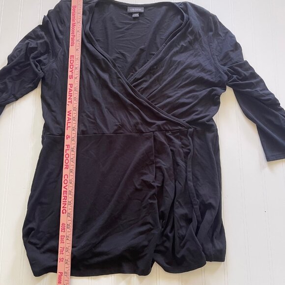 J Jill Wearever Top Black Small 3/4 Sleeve Faux Wrap Pleats Light Stretch T4 - Picture 8 of 10